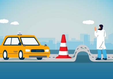 Illustration of a taxi stopped by a traffic cone in front of a lifted road, with a doctor standing on the other side of the lifted road. The doctor is holding up a hand to indicate the taxi should stop.